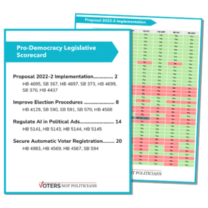 Two overlapping documents, the main one titled "Pro-Democracy Legislative Report Card" listing legislative categories and bill numbers, and the second showing a detailed vote table.