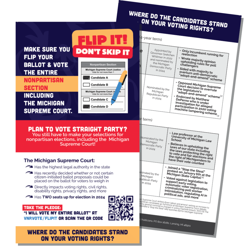 Flyer urging voters to flip their ballot to vote in the nonpartisan section, with graphics and a QR code.