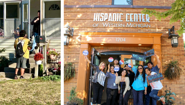 Two photos: One of a person at a porch speaking to someone at the door, and another of a group in front of the Hispanic Center of Western Michigan.