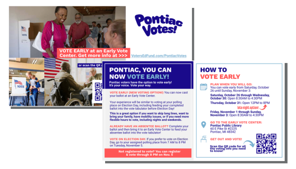 Promotional flyer for early voting with photos of people voting and detailed instructions for participation in Pontiac.