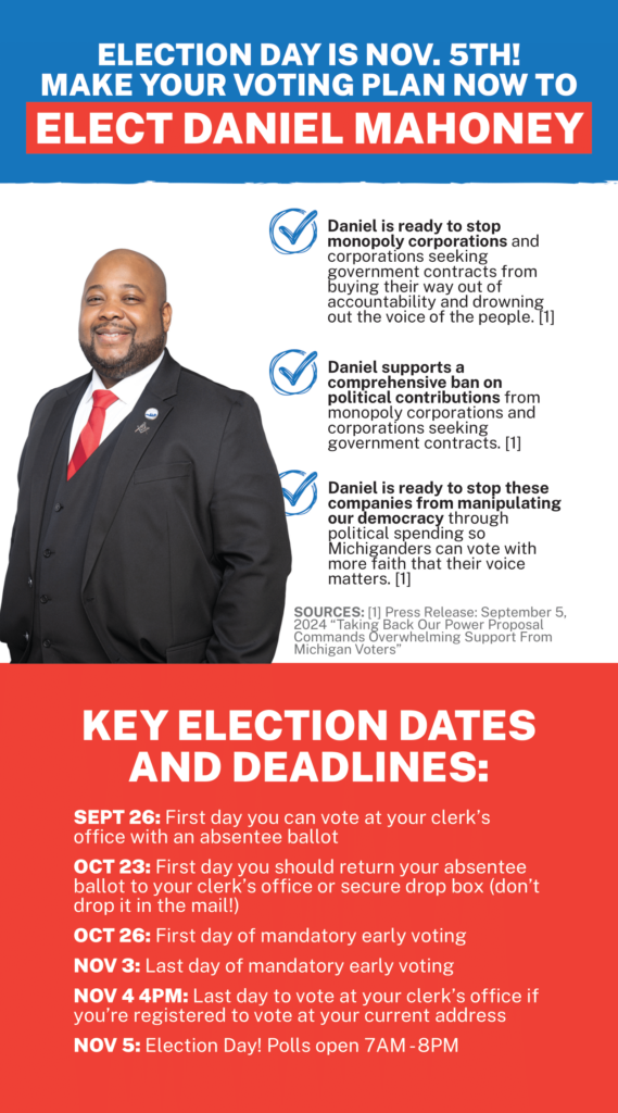 Political campaign flyer for Daniel Mahoney with election information and key dates.