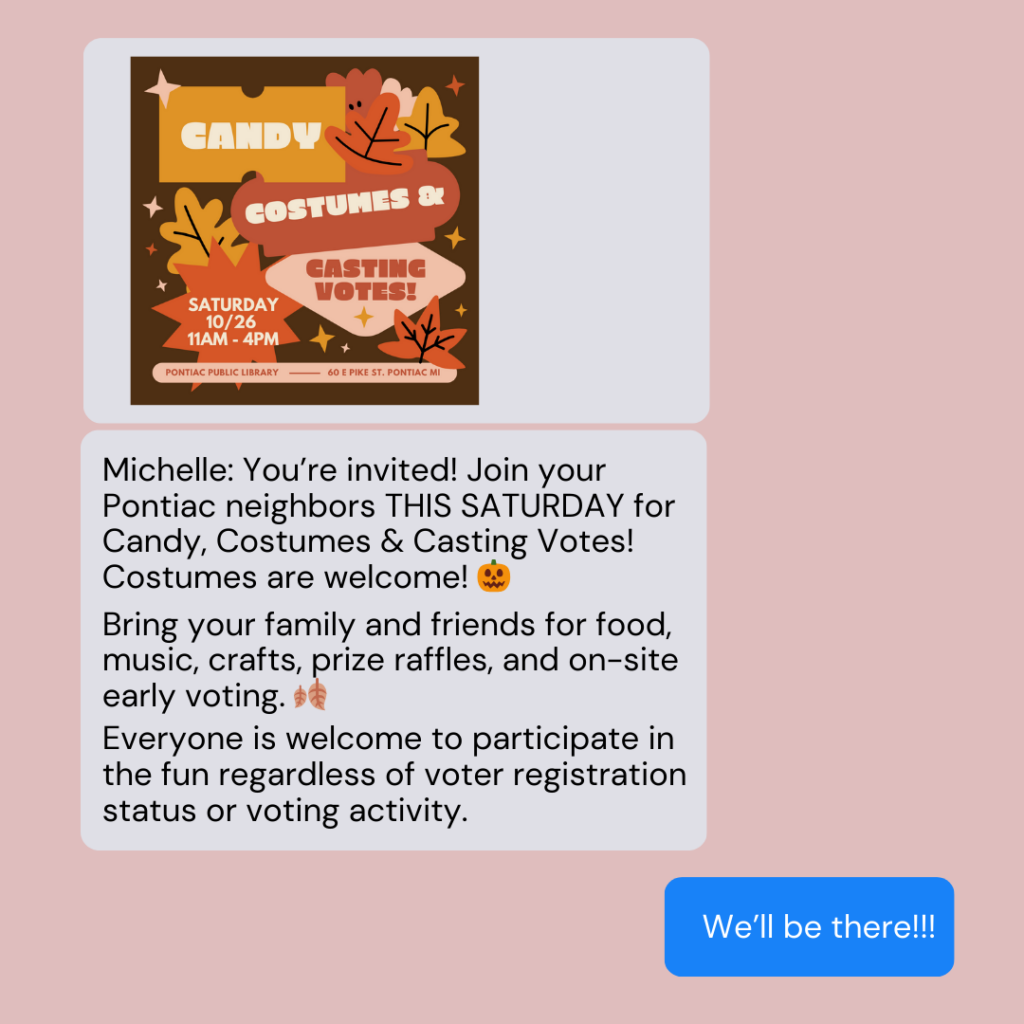 Autumn-themed event poster for "Candy Costumes & Casting Votes!" at Pontiac Public Library, with details in a text message below.