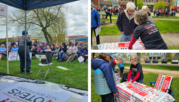 A collage of images showing an outdoor community event with a speaker and participants, featuring a canopy, tables with signs, and interactions between attendees.