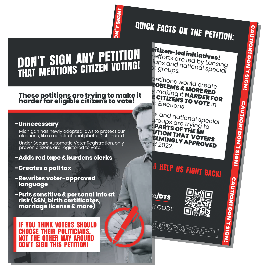 Two overlapping flyers caution against signing petitions mentioning citizen voting, featuring bold text, a negative symbol over a pen, and a QR code.